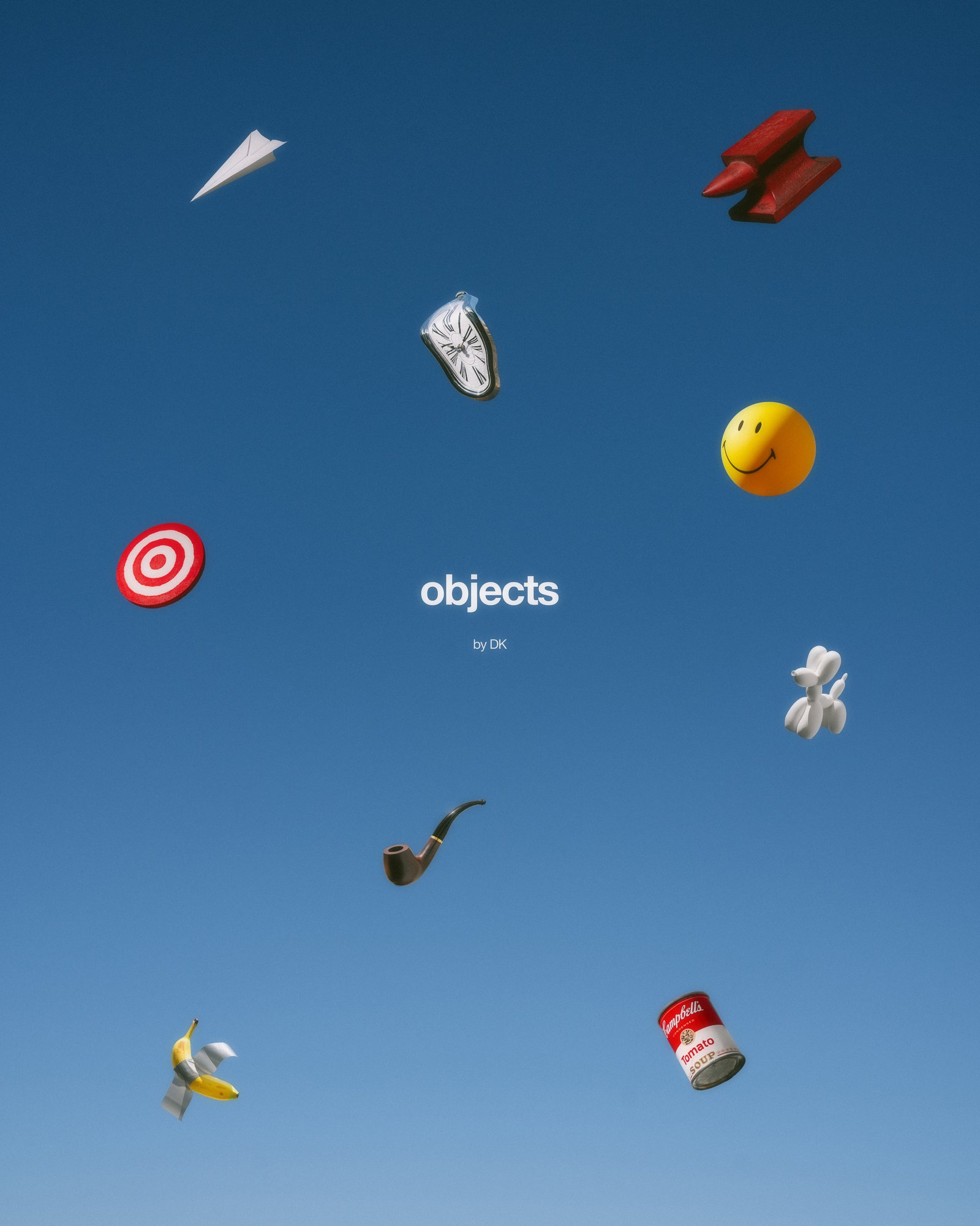 objects by DK — everyday and art-historical objects floating in a clear blue sky